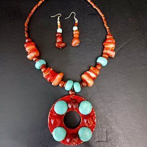 Blue Turquoise and Quartz stone Necklace, Earring set 4.9 oz., 18-21 in. length.